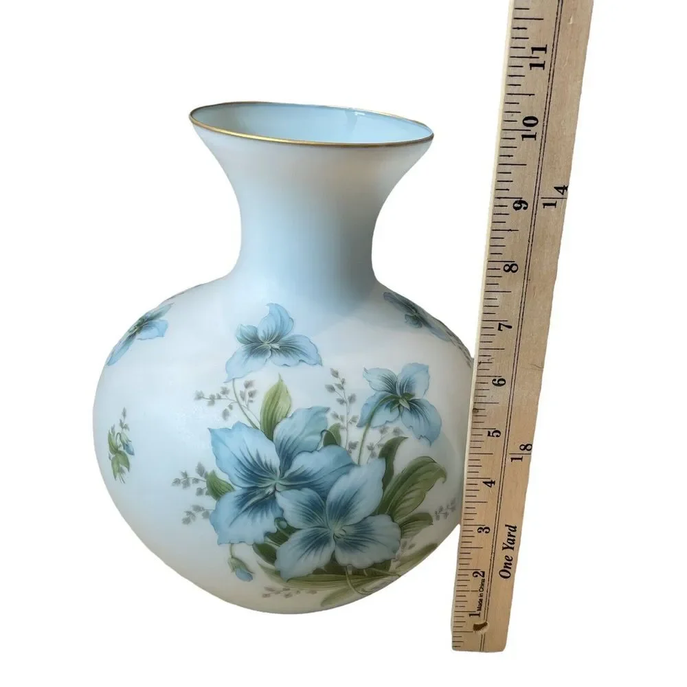 Vintage Italian Vase 10 Inch Frosted Blue Satin Art Glass Iris Flowers Gold Gilt